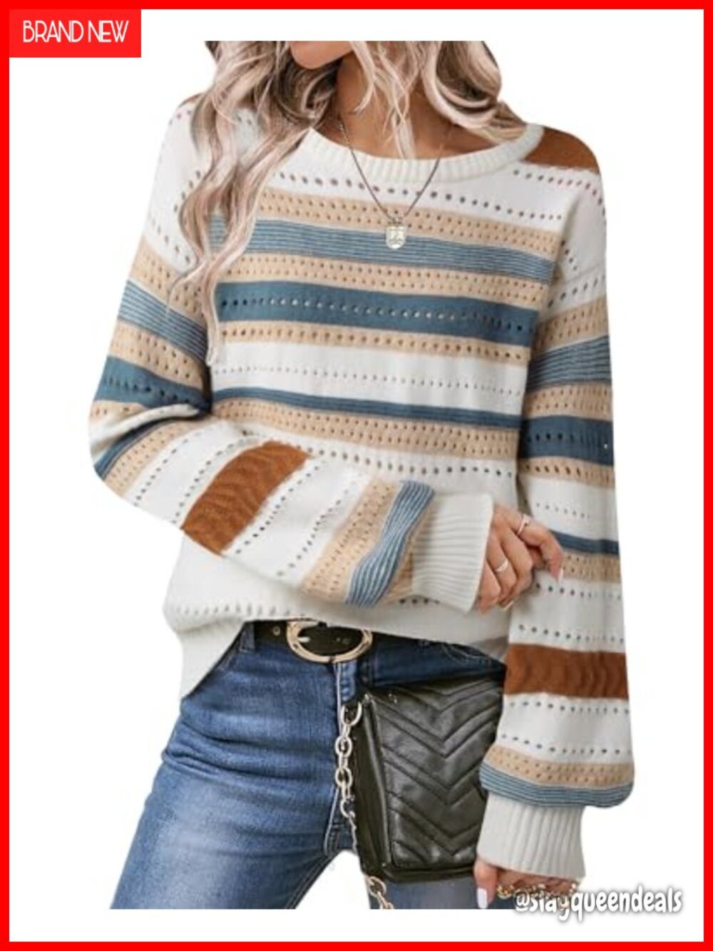 Womens Color Block Lantern Sleeve Crewneck Knit Pullover Sweater